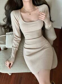 DAZY Women Square Neckline Long Sleeve Fitted Knitted Sweater Dress, Minimalist Style