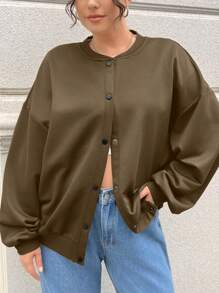 SHEIN EZwear Plus Size Women Plain Dropped Shoulder Long Sleeve Single Breasted Casual Loose Baseball Jacket, Autumn