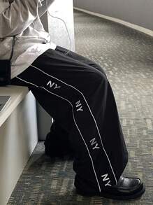 DAZY Men's Casual Everyday Letter Print Fashion Loose Fit Wide Leg Pants, Autumn Men Joggers - Black - View 2