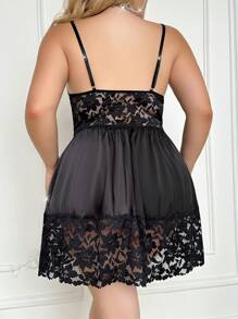 SilkySpell Lace Patchwork Backless Sexy V Neck Plus Size Camisole Nightgown