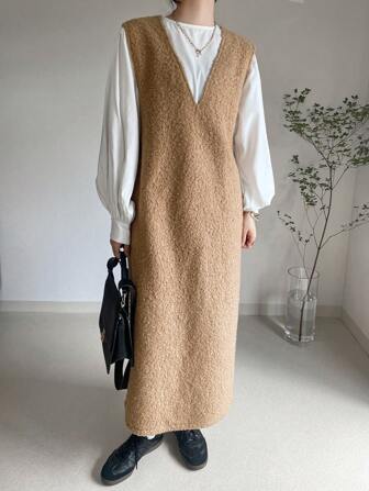 FRIFUL Vestido sin mangas de unicolor para mujer, informal para otoño e invierno