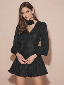 Enchnt Women Floral Jacquard V-Neck Long Sleeve Ruffle Hem Short Elegant Dress