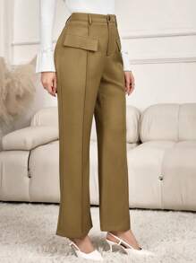 Modelyn Women Solid Color High Waist Slim Flared Leg Office Pants - Khaki - View 1