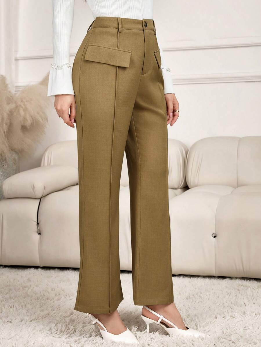 Modelyn Women Solid Color High Waist Slim Flared Leg Office Pants - Khaki - View 1