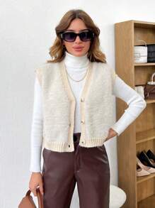 RueChic Women Contrast Trim Button Placket Fluffy Knit Sleeveless Cardigan - Apricot - View 6