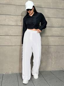 SHEIN EZwear Plus Size Women Solid Color Toothpick Stripe Design Straight Leg Loose Casual Pants