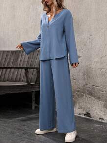 SHEIN LUNE 2-Piece Vacation Casual Solid Notched Neck Shirt & Pants Set - Blue - View 3