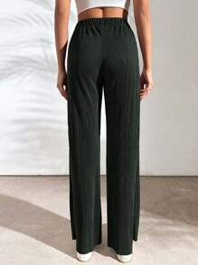EURMUSE Women Solid Color Simple Daily Woven Ribbed Pants - Army Green - View 2