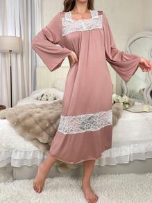 女士优雅粉色蕾丝拼接长袖睡袍 - 藕粉色 - 查看 3
