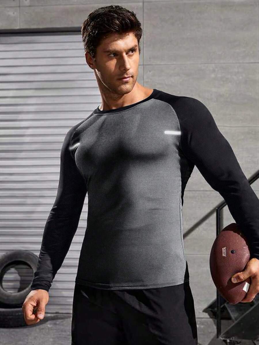 Manfinity Sport Corelite 撞色圆领男友风男式长袖运动 T 恤 - 淺灰色 - 查看 1