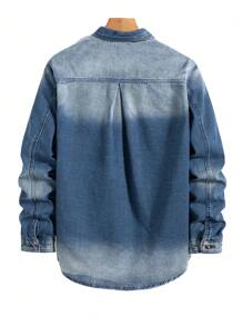 Manfinity Homme 1pc Men Casual Everyday Button-Up Washed Denim Shirt, Autumn - Dark Wash - View 2