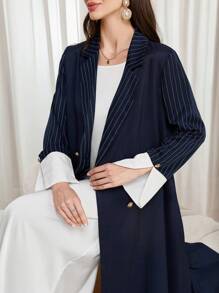 Al Najma 女士休闲翻领条纹撞色口袋纽扣简约长袍，优雅开放式适度长袖阿拉伯长袍带纽扣，适合日常休闲/工作 - 藍色 - 查看 8