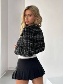 SHEIN EZwear Front Button Long Sleeve Checkered Casual Tweed Cropped Jacket - Black and White - View 2