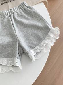 SHEIN 少女孔眼刺繡飾邊蝙蝠袖t恤和短褲 - 灰色 - 查看 7