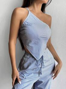 SHEIN Unity 1 pieza Blusa sin mangas con cuello y bajo asimétrico a rayas para mujer - Azul Marino - Ver 3
