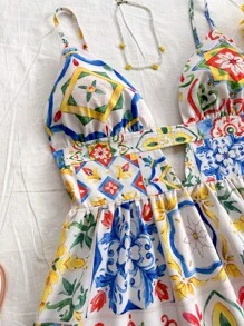 Soleia Sicily Style Colorful Floral Print Cutout Back Double Layer Ruffled Hem Short Dress For Holiday, Fall Women Clothes,Party Clothes,Greek Goddess Dress,Hippie Women Clothes,Christmas Women Clothes,Party Women Outfits,Floral Women Dress,Goddess Costume,Classy Outfits,Thanksgiving Women Outfit,Princess Women Costume,Holiday Dress,Summer Dresses For Women - Multicolor - View 4