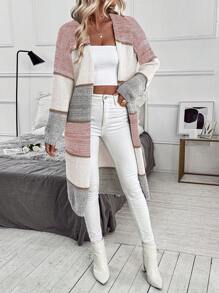EMERY ROSE Color Block Casual Loose Fit Long Cardigan For Women With Dual Pockets,Long Sleeve Tops Fall Winter Cloth For Women - Pink - View 6