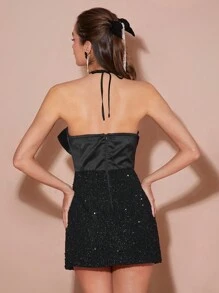 Enchnt Robe courte pour femme de couleur unie avec nœud décoratif, patchwork et sequins - Noir - Voir 9