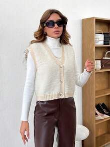 RueChic Women Contrast Trim Button Placket Fluffy Knit Sleeveless Cardigan - Apricot - View 4