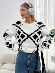 RueChic Women Round Neck Chain Detailed Cool Sweater Pullover - Black - View 4