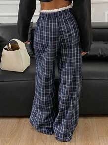 DAZY Plaid Wide Leg Pants Patchwork Contrast Color Letter Drawstring Elastic Waist Women Trousers