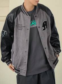 DAZY 男士秋季拼布字母夹克 - 灰色 - 查看 6