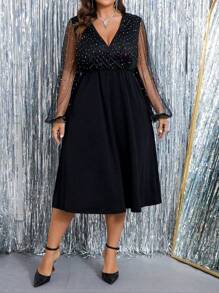 SHEIN Clasi Plus Size V-Neck Mesh Contrast Elegant Long Sleeve Dress - Black - View 6
