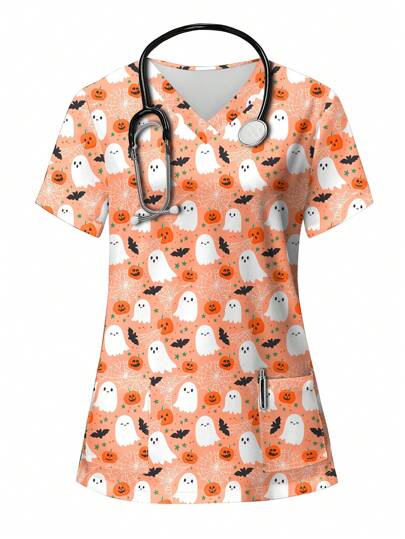 PopScrub 女式南瓜印花 V 领短袖口袋休闲衬衫