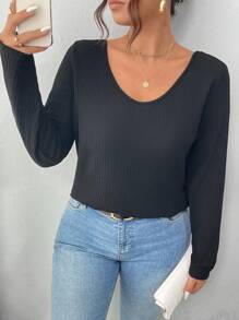 SHEIN Frenchy Casual Minimalist Loose V-Neck Black T-Shirt With Lace Patchwork, Autumn/Winter - Black - View 6