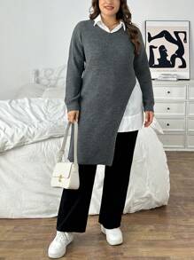 SHEIN Essnce Suéter largo asimétrico de punto holgado de cuello en V gris para mujer de talla grande, ropa de otoño para curvas - Gris - Ver 4