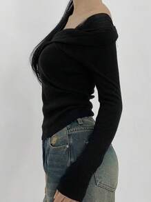 DAZY 1pc Women's Wrap Style Fitted Square Neck Long Sleeve Sweater Fall - Black - View 8
