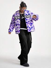 Manfinity VCAY Men's Digital Print Long Sleeve Hooded Padded Coat, For Fall Winter - Purple - View 4