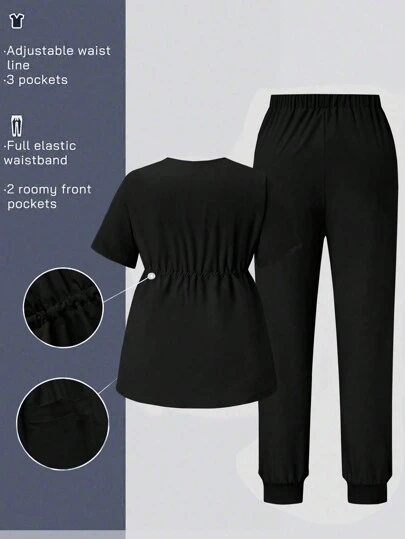TaskEZ 2pcs Plus Size Women Solid Color V-Neck Short Sleeve Pocket Top And Trouser Nursing Uniform Scrub Set