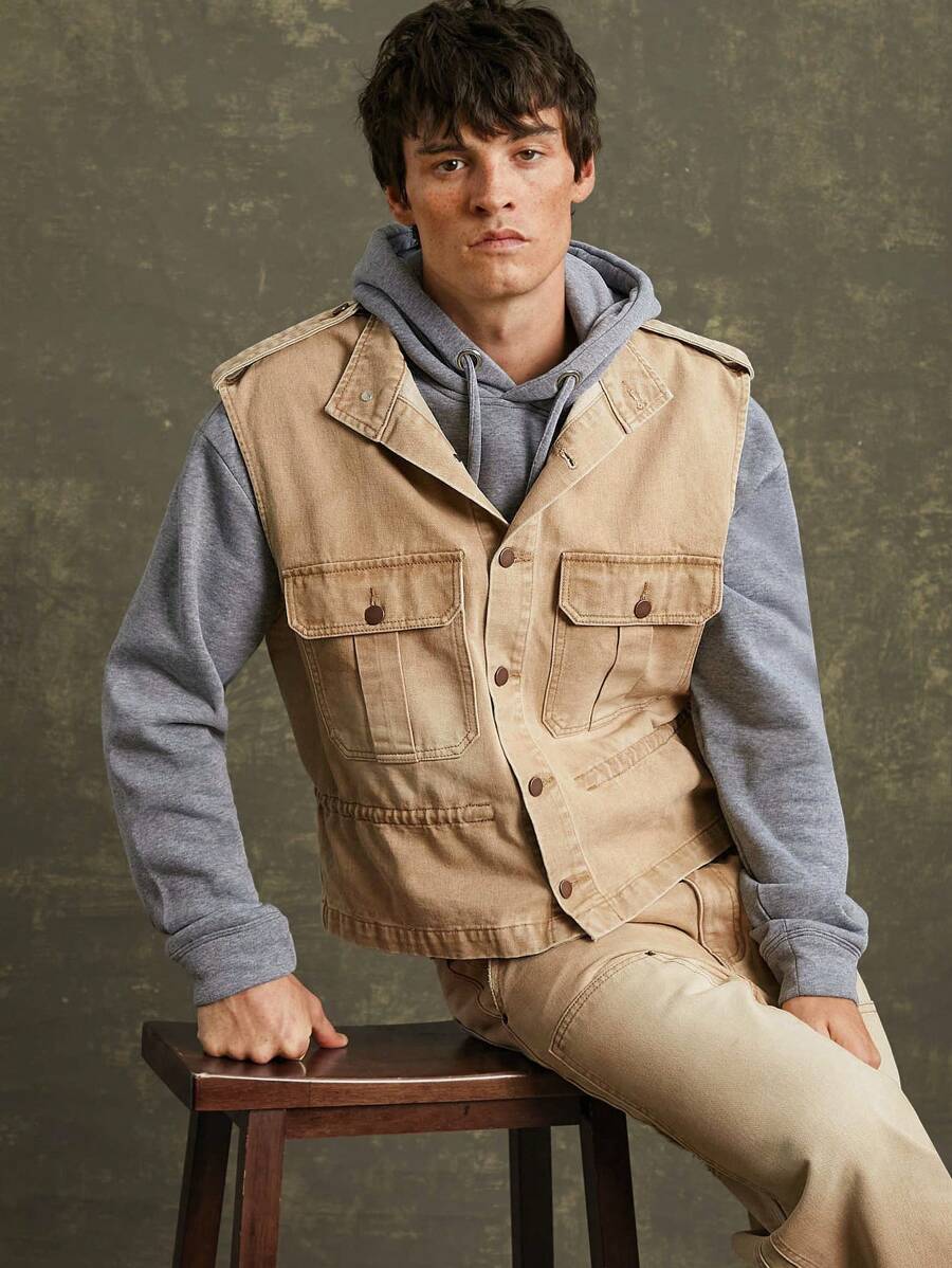 Premium Cotton Denim Tactical Utility Vest - Camel - View 1