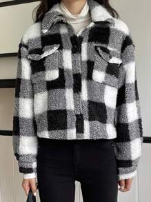 DAZY Plaid Fleece Loose Casual Short Jacket For Women, Autumn/Winter