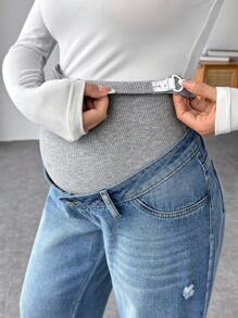 SHEIN Pregnant Women Casual Loose Straight Leg Jeans With Waistband Patchwork, For Maternity - Multicolor - View 4