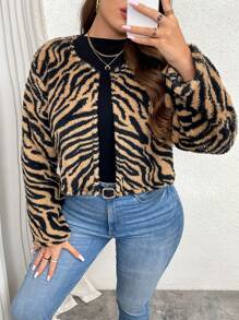 Calvaya Plus Size All-Over Print Winter Casual Long Sleeve Fluffy Jacket - Brown - View 3