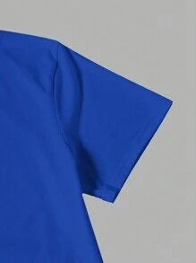 Manfinity EMRG 男士休闲宽松雕塑与口号印花短袖 T 恤，夏季街头风格 - 藍色 - 查看 3