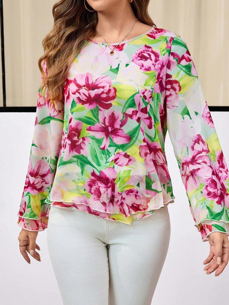 Women Floral All Over Print Round Neck Long Sleeve Top, Casual Daily Wear