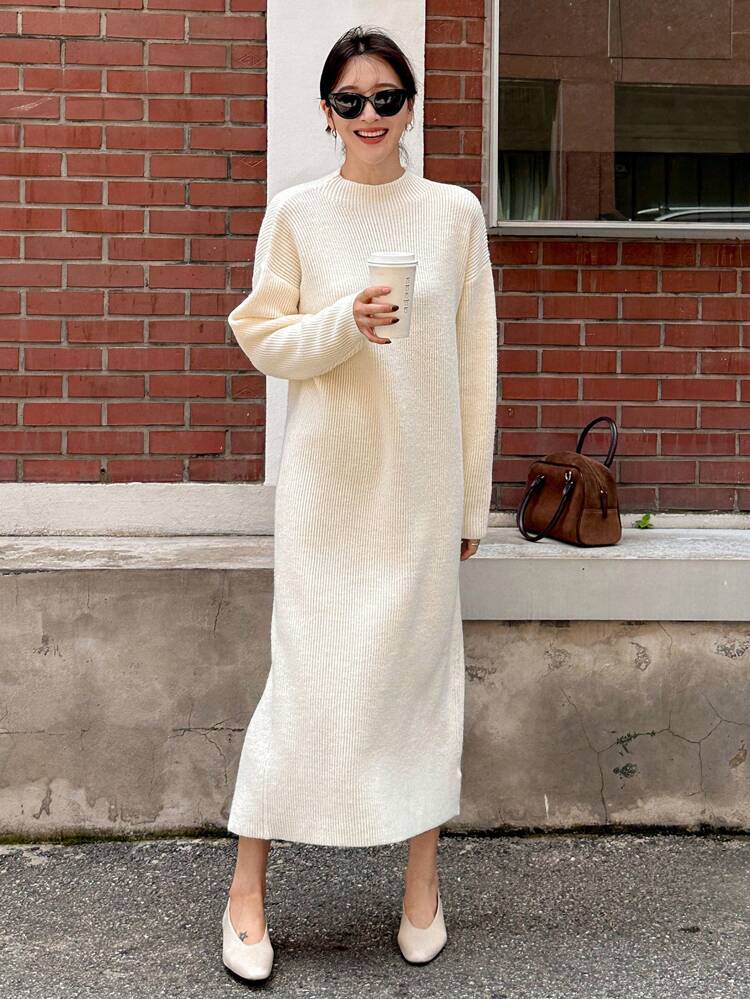 Women's Minimalist Stand Collar Knit Sweater Dress, Suitable For Autumn/Winter