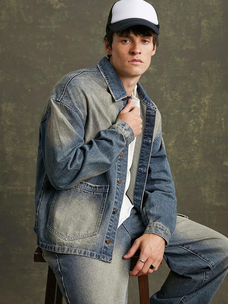 Men Premium 91% Cotton Denim Tinted Chore Jacket - Blue - View 1