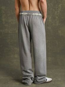 Men French Terry Fray Waist Cotton Sweatpants - Dark Grey - View 6
