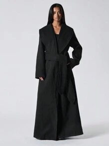 LYSMO Long Solid Color Belted Pocket Elegant Loose Comfy Long Sleeve Jacket In Fall/Winter - Black - View 6