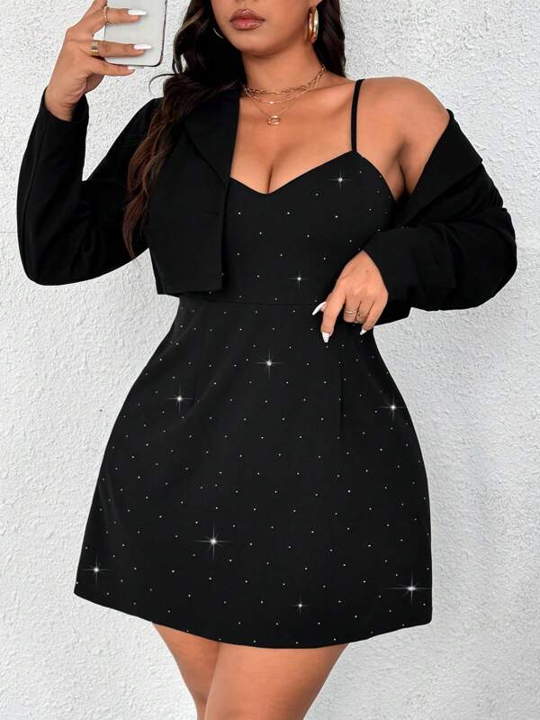 Calvaya Plus Size 1-Button Revere Collar Blazer With Rhinestone Studded Bodycon V-Neck Slip Dress Waist Cinched Waist Fitted Sexy Mini Dress Plus Size Casual Suit Set Graduation,Back To School,Teacher Outfits For Women