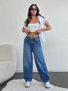 RueChic WOMEN EXTRA WIDE LEG LOW WAIST JEANS - Medium Wash - View 6