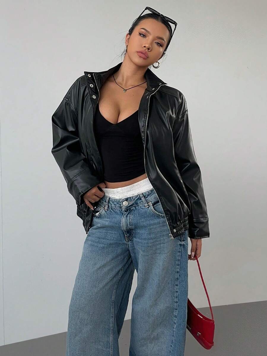 Aloruh 1 pièce Veste en faux minimaliste à manches longues et fermeture éclair frontale de couleur unie, décontractée pour le port quotidien