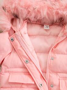 SHEIN Leap Crew Babygirl 可爱百搭温暖粉色羊毛领夹棉大衣，秋冬款 - 粉色 - 查看 8