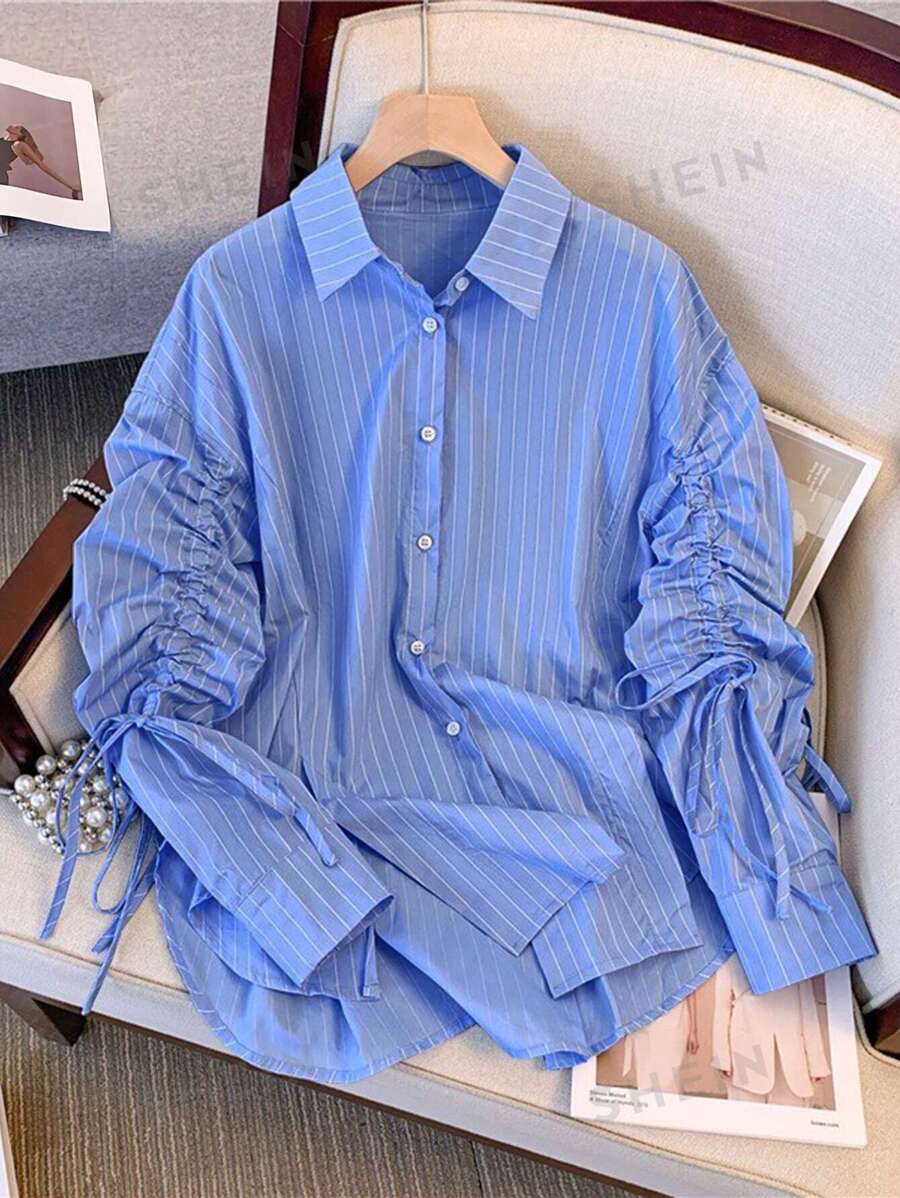 GlowEve Damen gestreiftes lang-ärmeliges Hemd mit Knopfleiste und Kordelzug, Langarm Oberteile - Blau - Übersicht 1