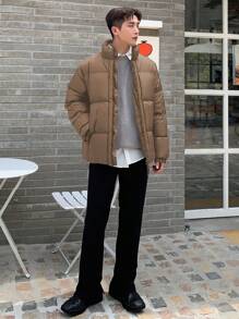 DAZY Men's Casual Solid Color Stand Collar Padded Coat For Winter Jacket - Brown - View 4