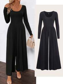 SHEIN Clasi Macacão Casual Feminino de Manga Longa Preta com Perna Larga e Decote em U, Confortável e Versátil, Outono - Cinza - Visão 1